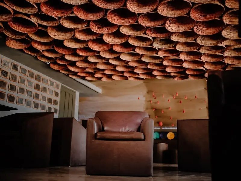Woven basket ceiling and cozy seating, best cafe in Thrissur