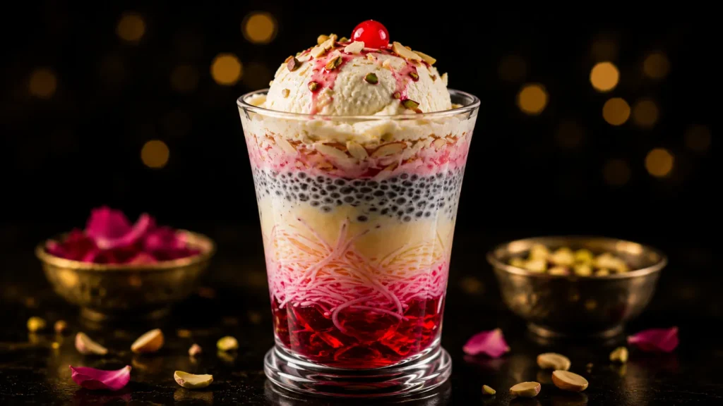 Rose falooda with ice cream in a glass, best cafe in Thrissur for couples